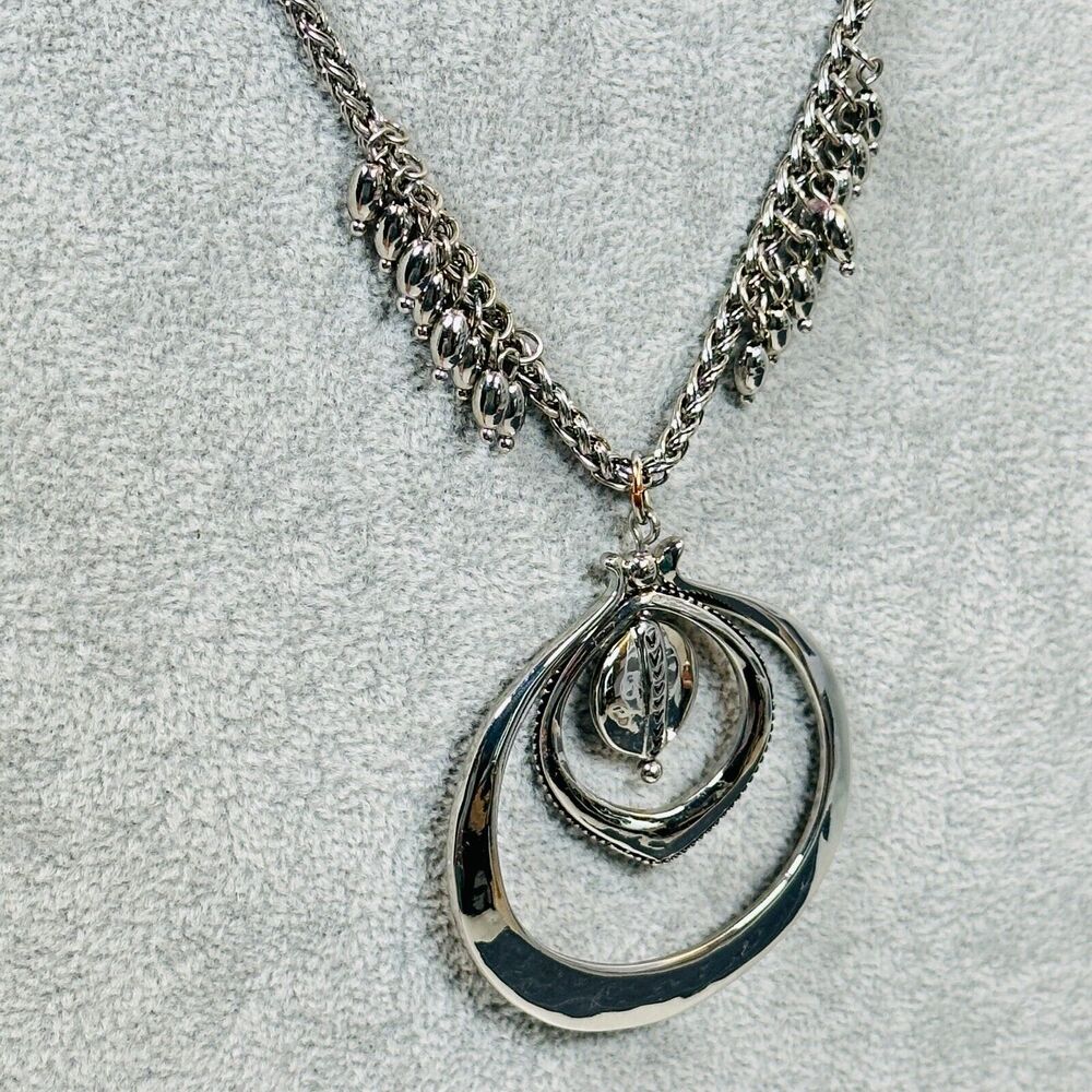 Chicos Necklace Layered Open Rings Beaded Fringe Silver Tone 26" Costume Jewelry